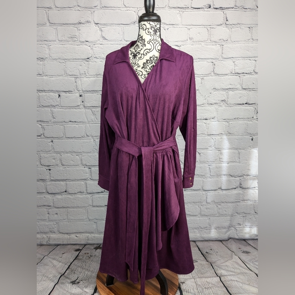 C Wonder women's faux wrap long sleeve tie waist dress size 1xP pockets NWT B1